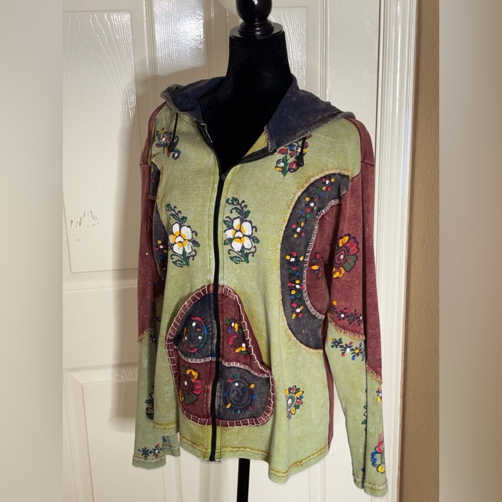 Rising International Boho Patchwork Hippie Zip Up Hoodie Jacket Nepal Size L​​ - Picture 2 of 10